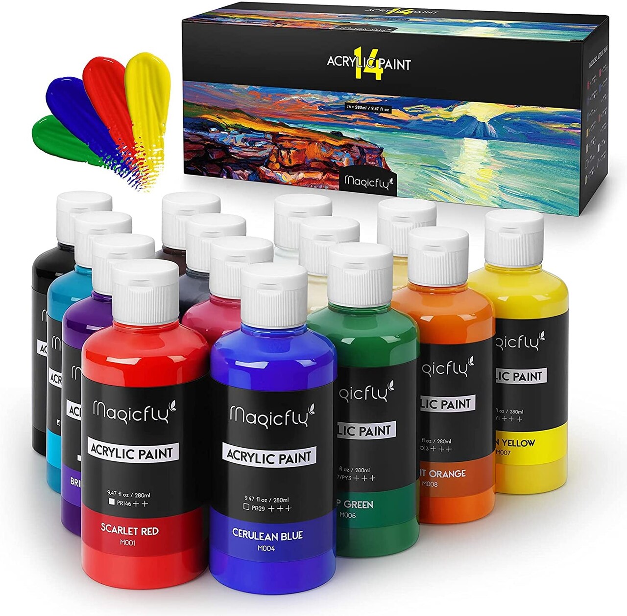 Bulk Acrylic Paint Set, 14 Rich Pigments Colors (280 Ml/9.47 Fl Oz.) Acrylic Paint Bottles, Non-Fading, Non-Toxic Craft Paints for Painting on Canvas, Christmas Decorations, Ideal for Beginners, Artist & Hobby Painters